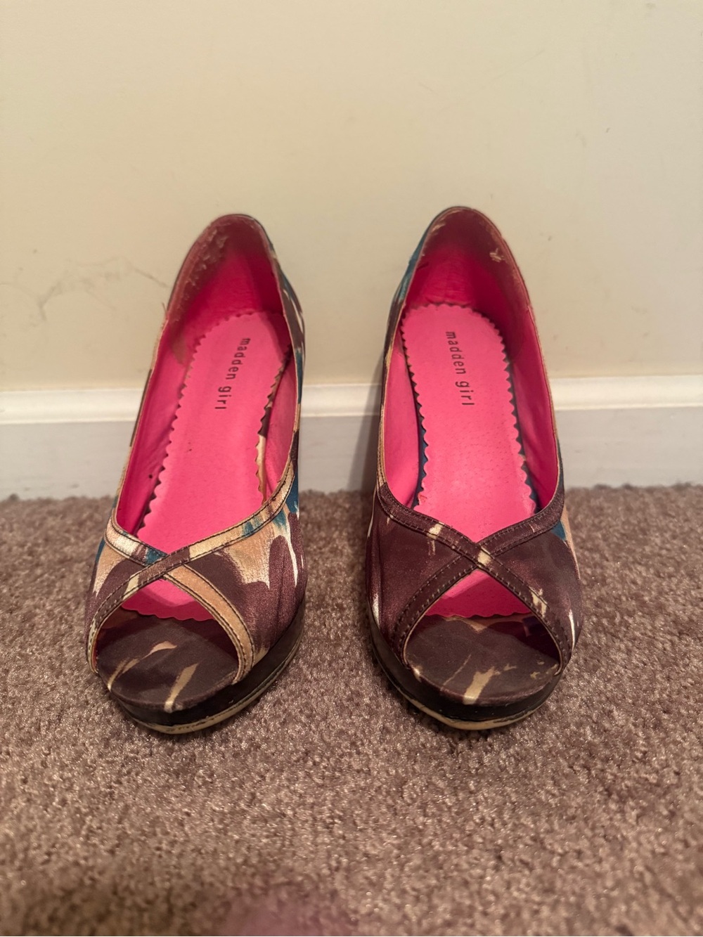 Madden Girl Brown Patterned Peep-Toe Wedges with Pink Insole